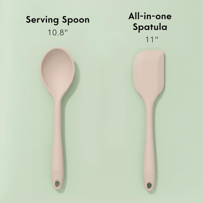 Non-Toxic Platinum Silicone Kitchen Utensil Set of 8 – Non-Scratch Cooking Spoons & Spatulas, 100% Plastic Free, Stainless Steel Core, Heat Resistant 500°F, Beige