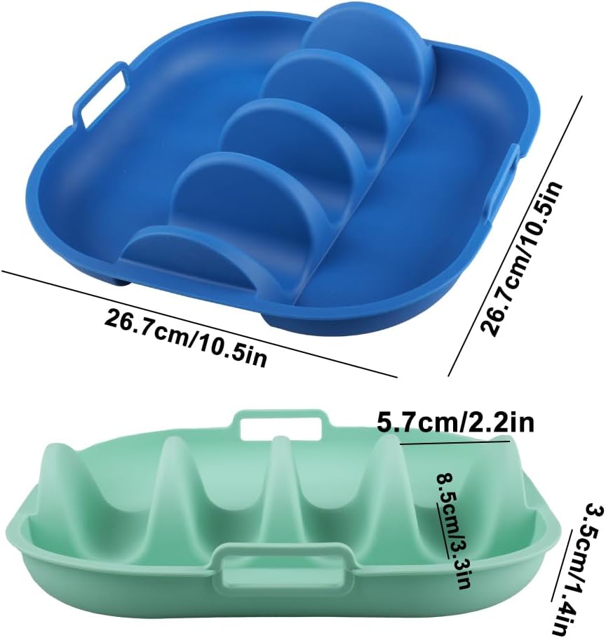 Silicone Taco Holder Set of 2, Non-Slip Taco Plates with Dividers, Reusable Fit for Kitchen, Party, Restaurants - Microwave and Dishwasher Safe, Blue and Green