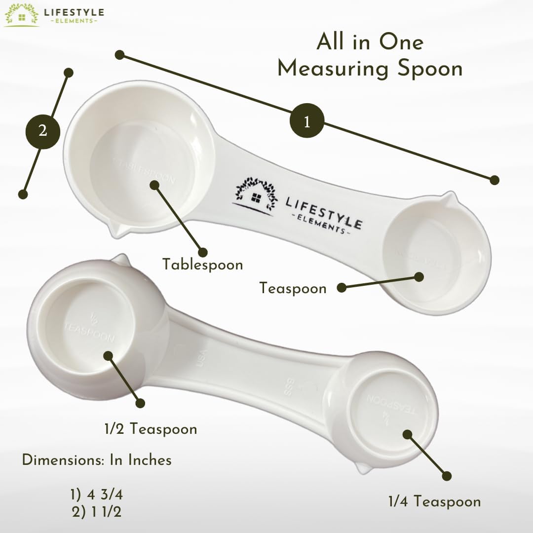 All In One Measuring Spoon Pack of 2 Includes 1 Tbsp 1 Tsp 1/2 Tsp 1/4 Tsp Measures Plastic Measuring Spoons Use for Dry Ingredients or Liquids Durable Rugged Dishwasher Safe Made in USA