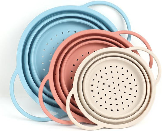 Silicone Colander Set – Collapsible Platinum Silicone Strainer with Stainless Steel Rim, Space-Saving & Heat-Resistant, Dishwasher Safe, BPA-Free by SelectShen™ (3 Pack)