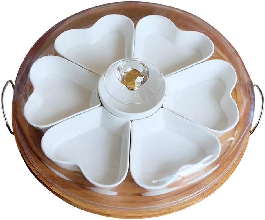 Appetizer Serving Tray with Bamboo Holder and Lid, Ceramic Divided Serving Platter with Food Picks, Relish Tray for Chips and Dip, Veggies, Candy and Snacks, Parties T