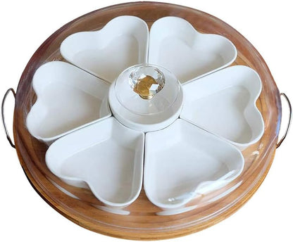 Appetizer Serving Tray with Bamboo Holder and Lid, Ceramic Divided Serving Platter with Food Picks, Relish Tray for Chips and Dip, Veggies, Candy and Snacks, Parties T
