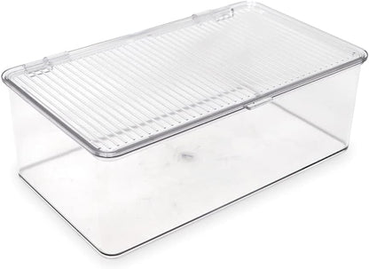 Isaac Jacobs Medium Stackable Organizer Bin (10.75”x6.5”x3.7”) w/ Hinged Lid, Clear Storage Box, Home, Office, School, Fridge, Bathroom, Kitchen, Pantry Container, BPA-Free, Food Safe (Medium, Clear)
