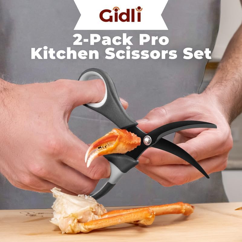 Kitchen Shears by Gidli - Liftime Replacement Warranty* - Includes Seafood Scissors As a Bonus - Heavy Duty Utility Stainless Steel All Purpose Ultra Sharp Scissors for Food/Cooking