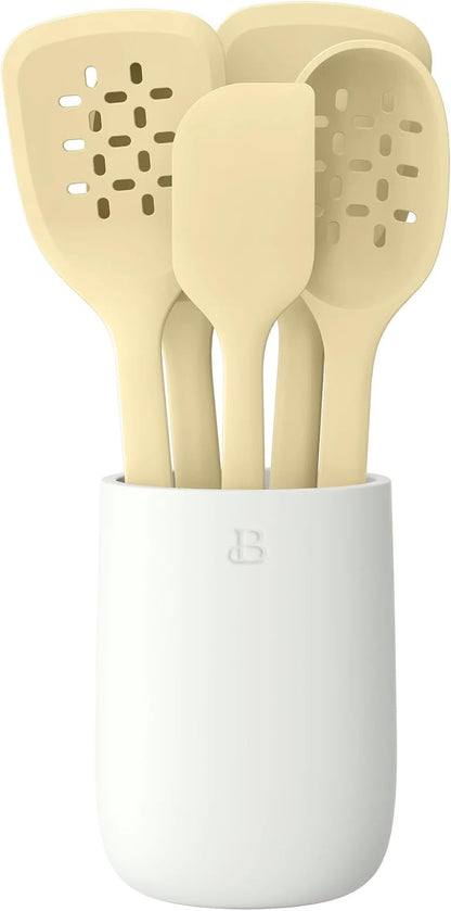 6 Piece Silicone Kitchen Utensil Set with Holder, Heat Resistant Cooking Tools, Nonstick Safe Spatula Spoon Turner Set with Ceramic Storage Crock