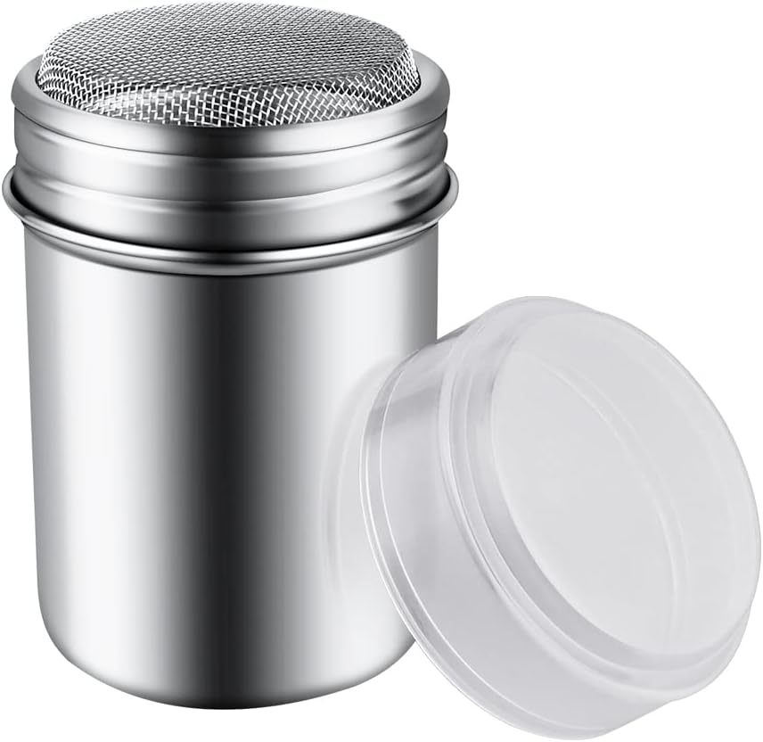 1Pcs Stainless Steel Powder Sugar Shaker Duster with Lid, Fine Mesh Shaker Powder Cans for baking soda Cocoa Cornstarch Coffee Flour ect