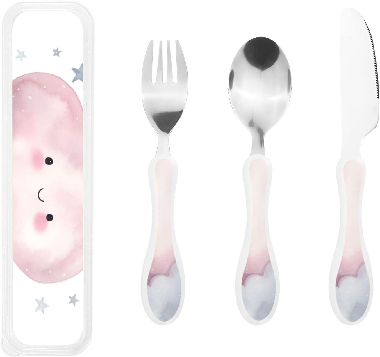 Stainless Steel Kids Silverware Set, Gray Cloud Utensil Set Reusable Children Safe Knife Spoon Fork Set With Storage Case Dishwasher Safe For Lunch, Travel Outdoors