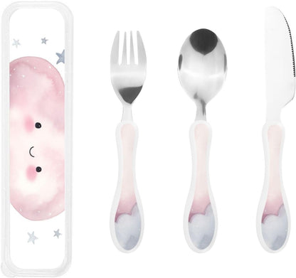 Stainless Steel Kids Silverware Set, Gray Cloud Utensil Set Reusable Children Safe Knife Spoon Fork Set With Storage Case Dishwasher Safe For Lunch, Travel Outdoors