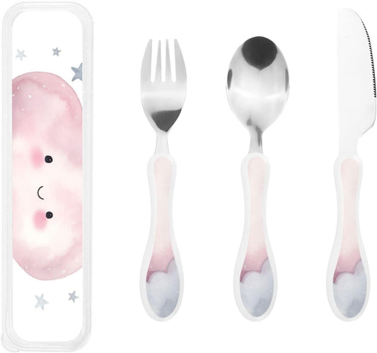 Stainless Steel Kids Silverware Set, Gray Cloud Utensil Set Reusable Children Safe Knife Spoon Fork Set With Storage Case Dishwasher Safe For Lunch, Travel Outdoors