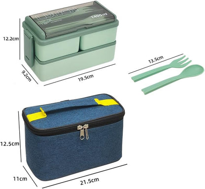 1400ml Lunch Box with 3 Compartments - 2 Layer Leak Proof Bento Box with Insulated Bag and Cutlery, Meal Prep Container Box for Adults Kids Students Office Microwave Dishwasher Safe Available (Green)