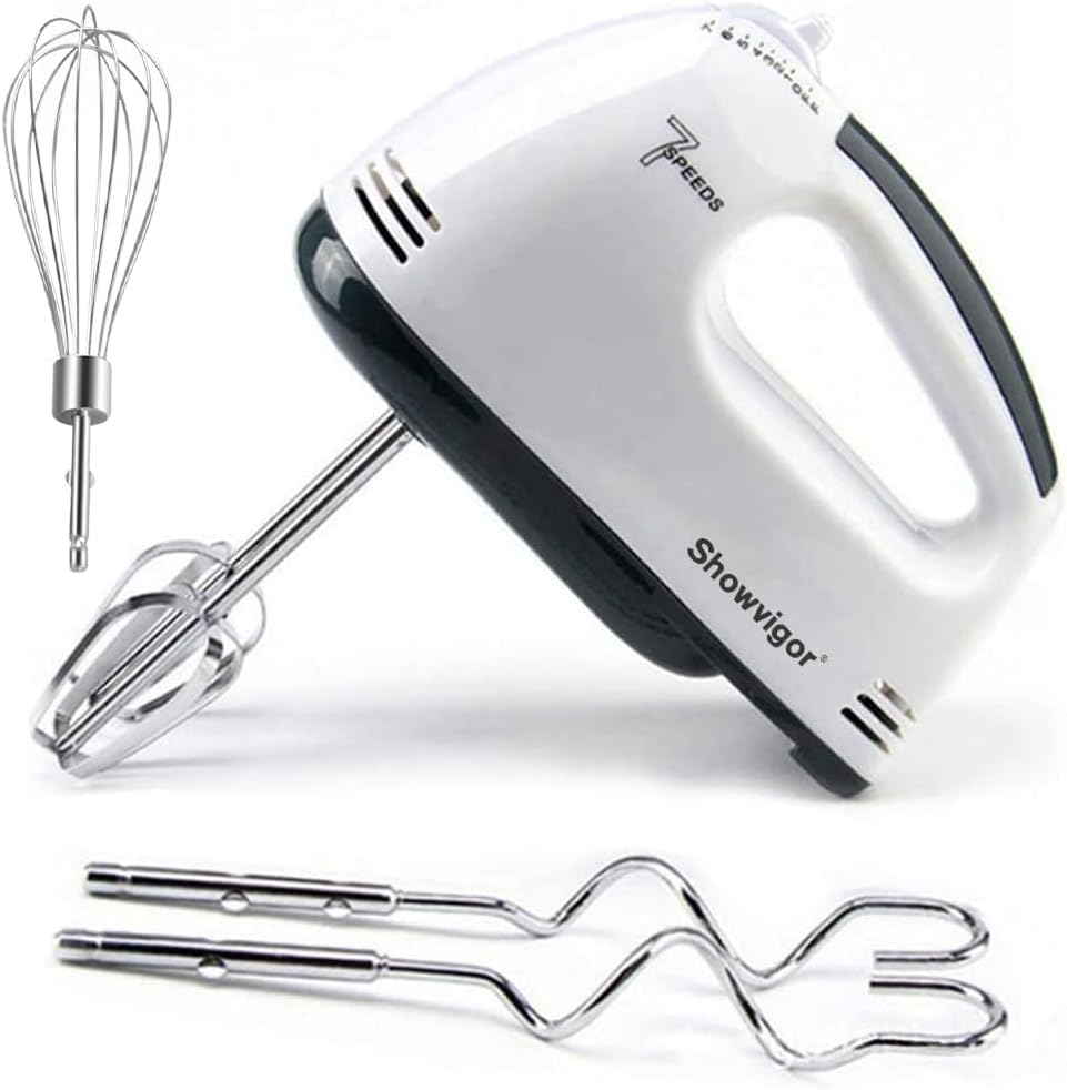 Showvigor Electric Hand Mixer with Stainless Steel Mixing Bowl Set –7 Speeds Turbo-Boost Hand Mixer with Large Mixing Bowls, Measuring Cups, Spoons & Spatula for Kitchen Cakes Eggs Baking(Pink)