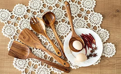 Wooden Spatulas, Natural Acacia Wooden Cooking Utensils Set for Non-stick Pan Kitchen Tool, flipping and Wok Spatula, Wooden Spoons & Spurtle for Cooking