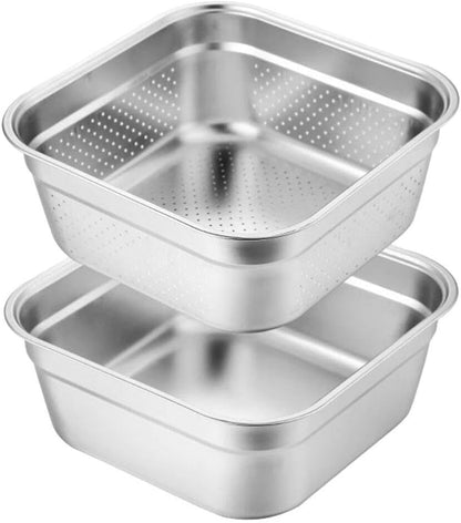 Zerodeko Stainless Steel Colander Bowl Set Square Kitchen Sink Metal Storage Basket Large Capacity Fruit Vegetables Washing Basin Rice Strainer Washer 22cm