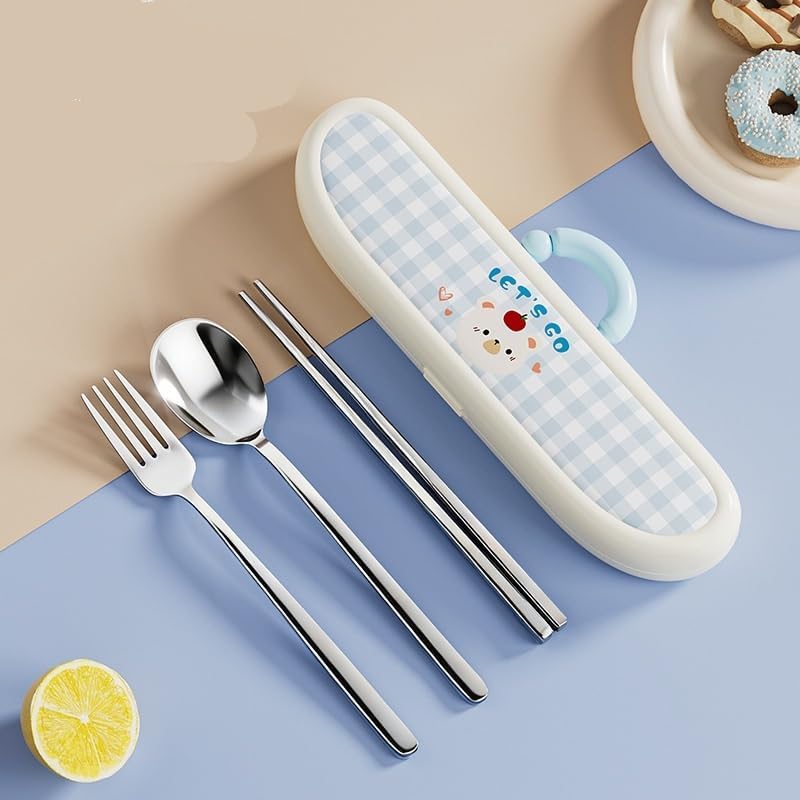 Cute Strawberry Bear 304 Stainless Steel Utensil Set with Travel Case – Portable Reusable Chopsticks, Spoon & Fork in Plaid Storage Box, for School Lunch, Camping, Travel(Pink)
