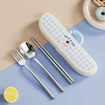 Cute Strawberry Bear 304 Stainless Steel Utensil Set with Travel Case – Portable Reusable Chopsticks, Spoon & Fork in Plaid Storage Box, for School Lunch, Camping, Travel(Pink)