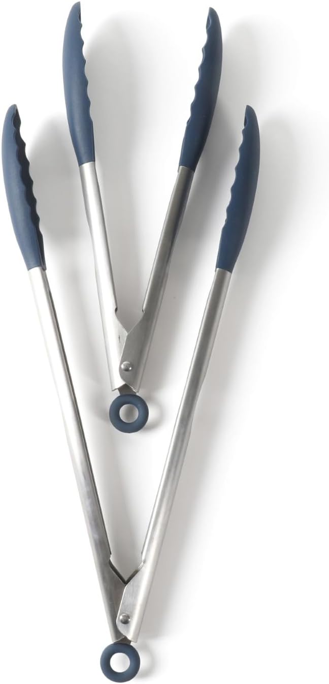 Calphalon Edge Tongs Set, 2-Piece Stainless Steel Kitchen Tongs Set with Silicone Heads, Includes 9-Inch & 12-Inch Heat-Resistant Locking Tongs for Cooking, Grilling & Serving, Taupe