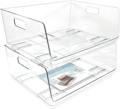 Isaac Jacobs 2-Piece (16" x 12" x 6.1") X-Large Wide Stackable Clear Storage Bins w/Open Front, Versatile Use, Set of 2, Desk, Office, Bathroom, Bedroom, Closet