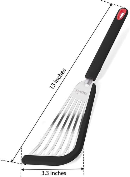Nonstick Fish Spatula With Silicone Edge, FENGCHEN Silicone Fish Spatula, Heat-Resistant Fish Turner Spatula,Fish Spatulas For Cooking, For Scrapping, Flipping, Frying, Turning Foods (Silver)