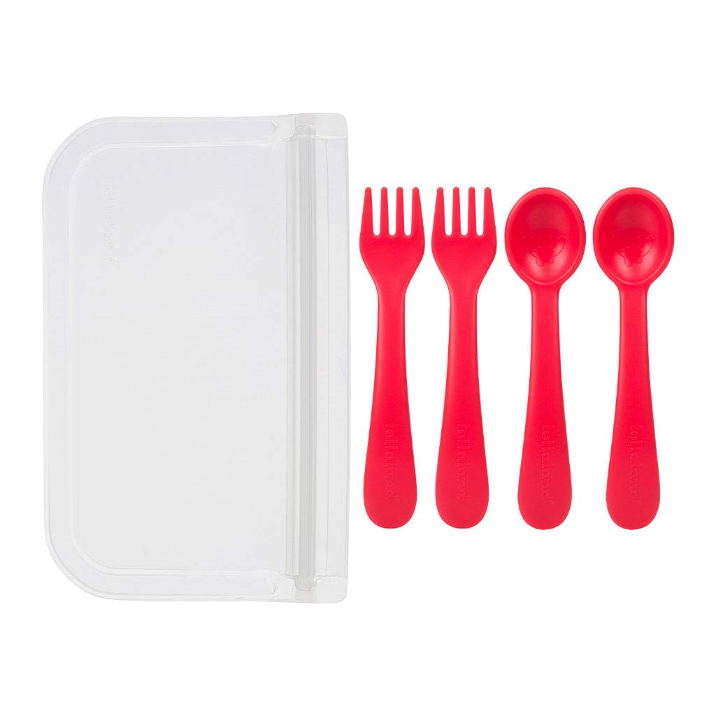 Lollaland 5 Piece Plastic Toddler Silverware Spoon and Fork Utensil Set - Reusable Toddler Cutlery With Hygienic Travel Pouch (Pink)