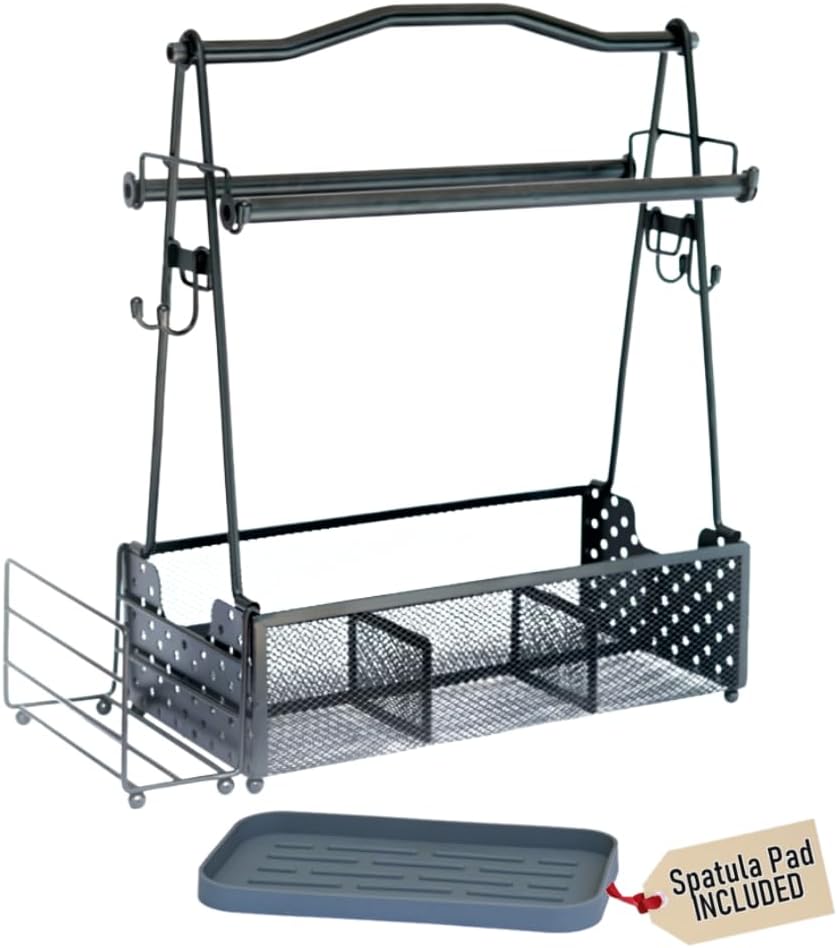 Grill Caddy for Outdoor Kitchen - Foldable Picnic Caddy for BBQ Accessories - Versatile Outdoor Kitchen Accessories Basket with Paper Roll Holder, Hooks & Compartments