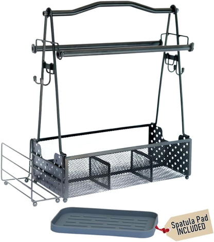 Grill Caddy for Outdoor Kitchen - Foldable Picnic Caddy for BBQ Accessories - Versatile Outdoor Kitchen Accessories Basket with Paper Roll Holder, Hooks & Compartments