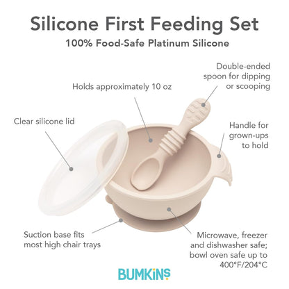 Bumkins Baby Bowl, Silicone Feeding Set with Suction for Baby and Toddler, Includes Spoon and Lid, First Feeding Set, Training Essentials for Baby Led Weaning for Babies 4 Months Up, Sage