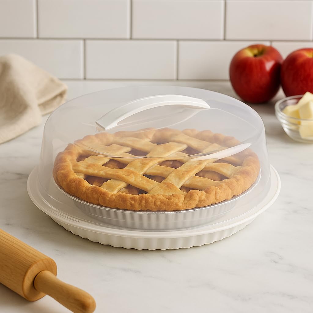 3-Pack Plastic Pie Carriers with Lids – BPA-Free, Clear Dome with White Fluted Base – Fits 10” Pies – Slide Lock, Freezer Safe, Built-in Handle – Pie Transport & Storage Set