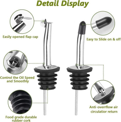 Leaflai Olive Oil Dispenser Bottle, Glass Olive Oil Dispenser and Vinegar Dispenser Set with Stainless Steel Pourers, 4 Labels,1 Brush and 1 Funnel Oil Bottles for Kitchen (500ml)