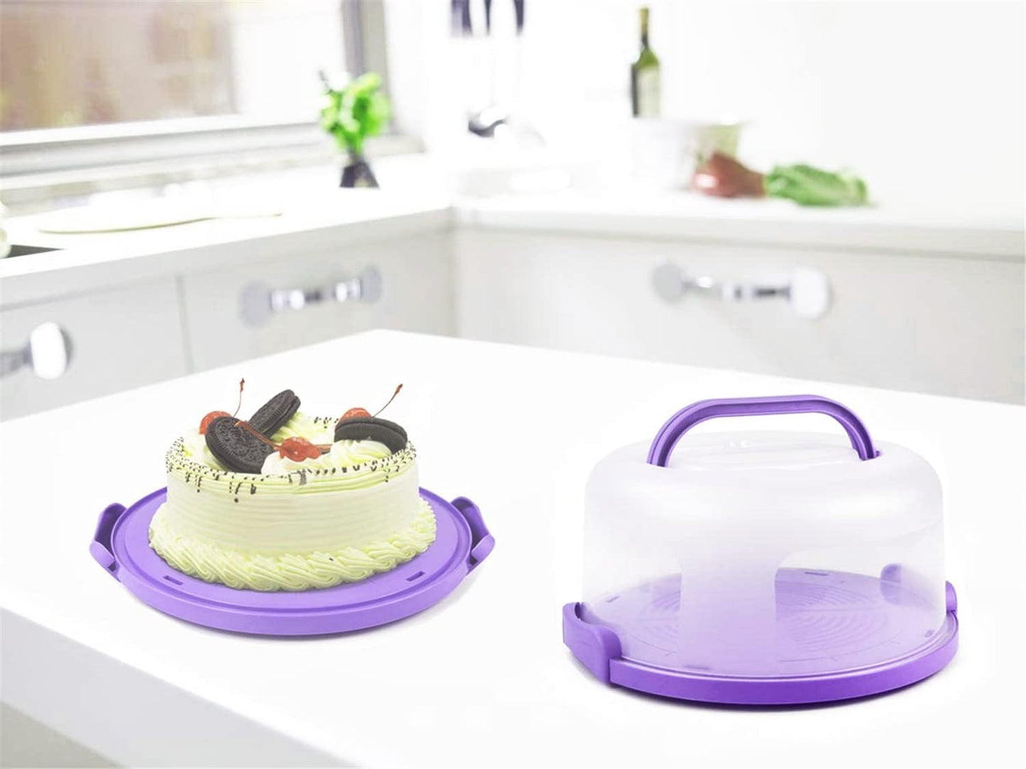 Zoofen Cake Carrier with Handle 10in Cake Stand Holder Round Container for 10in or Less Size(Purple)