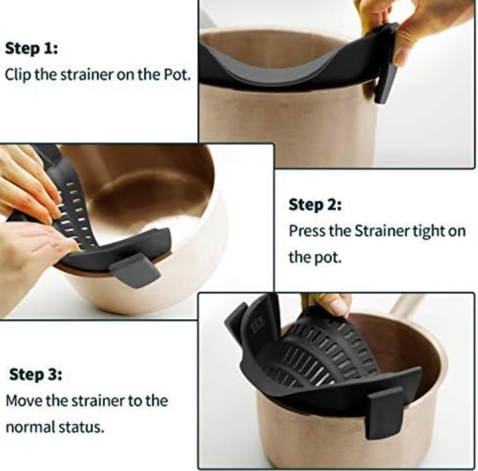 Clip On Strainer Silicone for All Pots and Pans, Pasta Strainer Clip on Food Strainer for Meat Vegetables Fruit Silicone Kitchen Colander (Black)