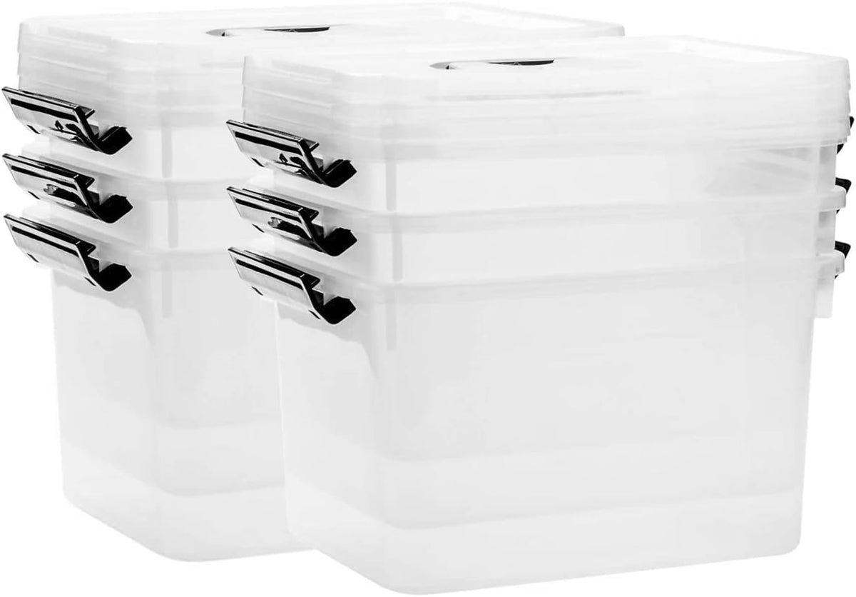 6 Quart Stackable Plastic Storage Bins with Lids, 6 Pack Clear Black Small Organizer Boxes with Latches for Bathroom, Pantry, Office Desk and Small Item Storage