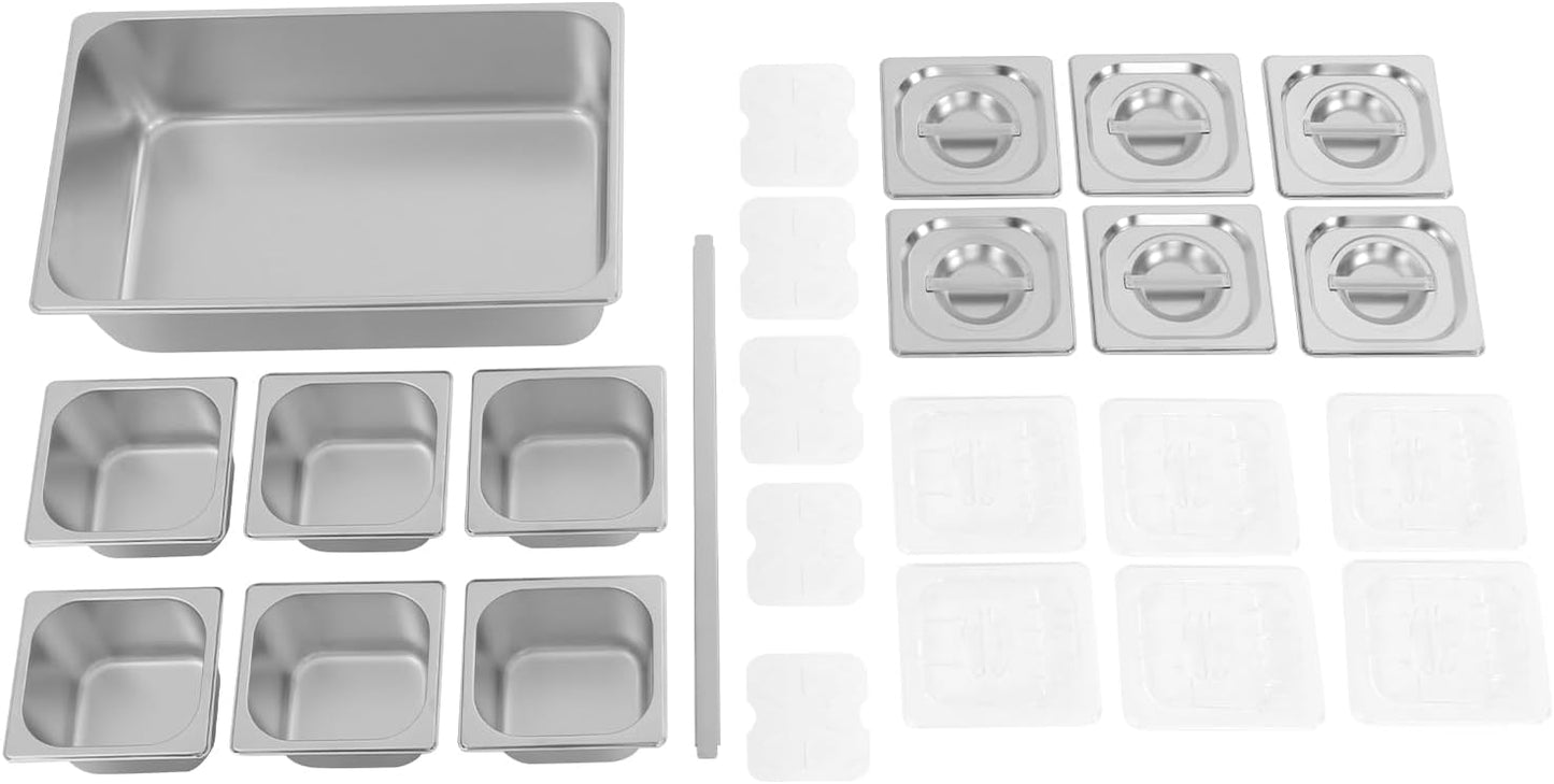 3/4/6 Compartment Stainless Steel Fruit Serving Set with Removable Acrylic Lids, Drainage Mats - Commercial Food Storage Containers for Buffet, Restaurant (3-Pan)