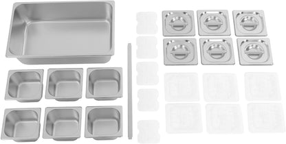 3/4/6 Compartment Stainless Steel Fruit Serving Set with Removable Acrylic Lids, Drainage Mats - Commercial Food Storage Containers for Buffet, Restaurant (3-Pan)