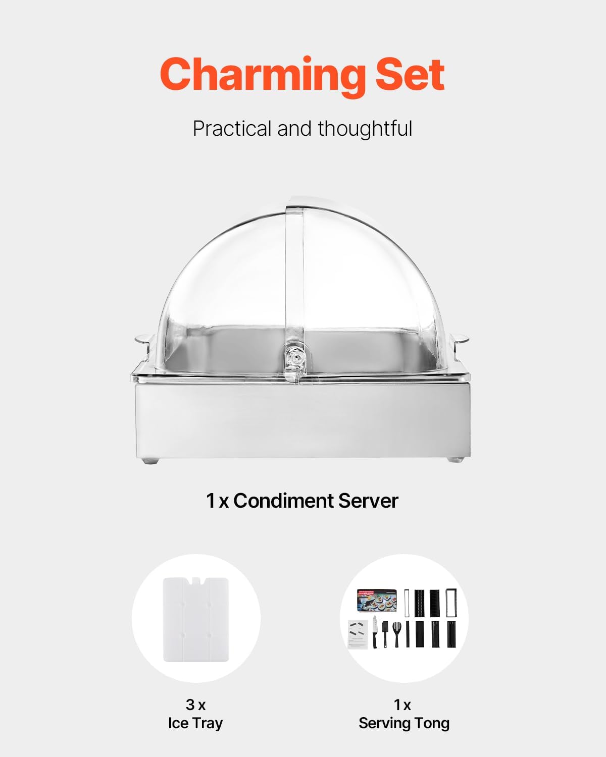 VEVOR Chilled Condiment Server Caddy, 5 Compartment Ice Cooled Serving Container, Plastic Fruit Garnish Tray Platter with Lid, for Taco Salad Bar Accessories, Party Home Restaurant Supplies