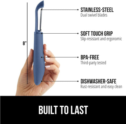 GORILLA GRIP® Patented BPA-Free Vegetable Peeler, Extra Sharp Swivel Stainless Steel Blades with Guard, Comfortable Soft Handle, Easily Peel Carrots or Fruit, Potato Eye Remover, Washer Safe, Black