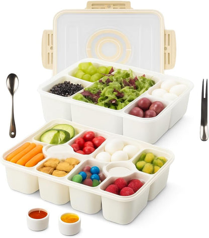 Snackle Box Container with Multi Compartments & Rotary Date Dial - Divided Serving Tray with Lid & Handle -Snack Organizer for Travel, veggies, Nut, fruit, Picnic & party - Dishwasher &Microwave safe