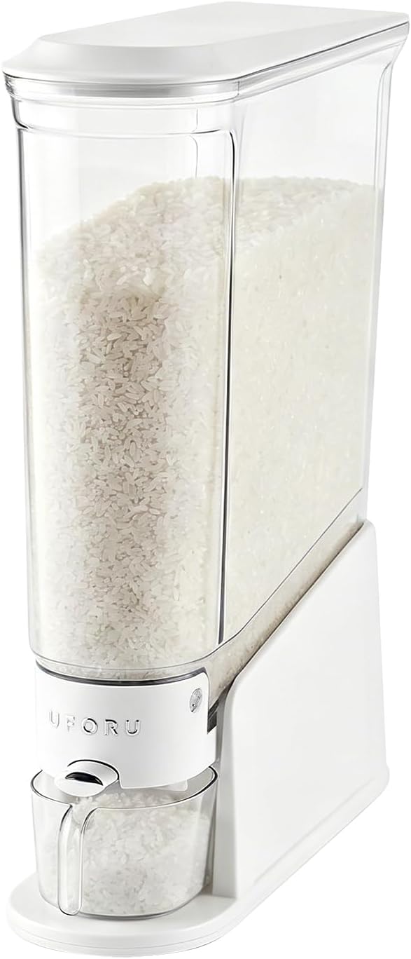 UFORU Rice Dispenser 11Lbs, Slim Rice Storage Container for Small Space, BPA-Free Clear Dry Food Dispenser Sealed Moisture Proof, Grain&Cereal Storage Bucket for Kitchen Pantry Household, Cream White