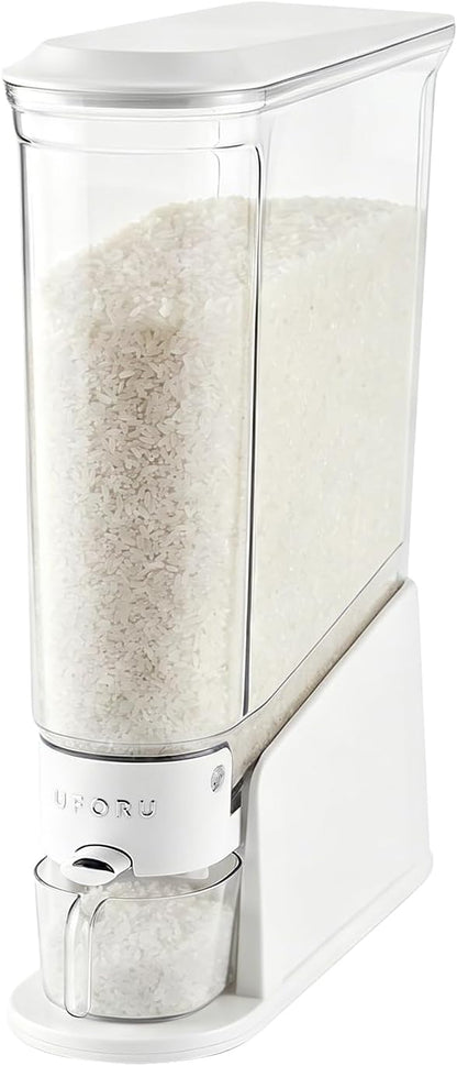 UFORU Rice Dispenser 11Lbs, Slim Rice Storage Container for Small Space, BPA-Free Clear Dry Food Dispenser Sealed Moisture Proof, Grain&Cereal Storage Bucket for Kitchen Pantry Household, Cream White