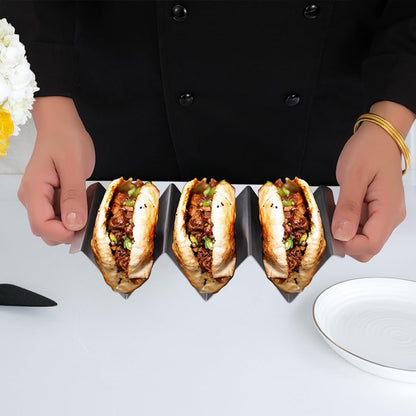 Black Taco Holder Stand,Set of 6 Stainless Steel Taco Tray,Stylish Taco Shell Holders,Rack Holds Up to 3 Tacos Each Keeping Shells Upright,Health Material Taco Rack by RTT -Oven,Grill Dishwasher Safe