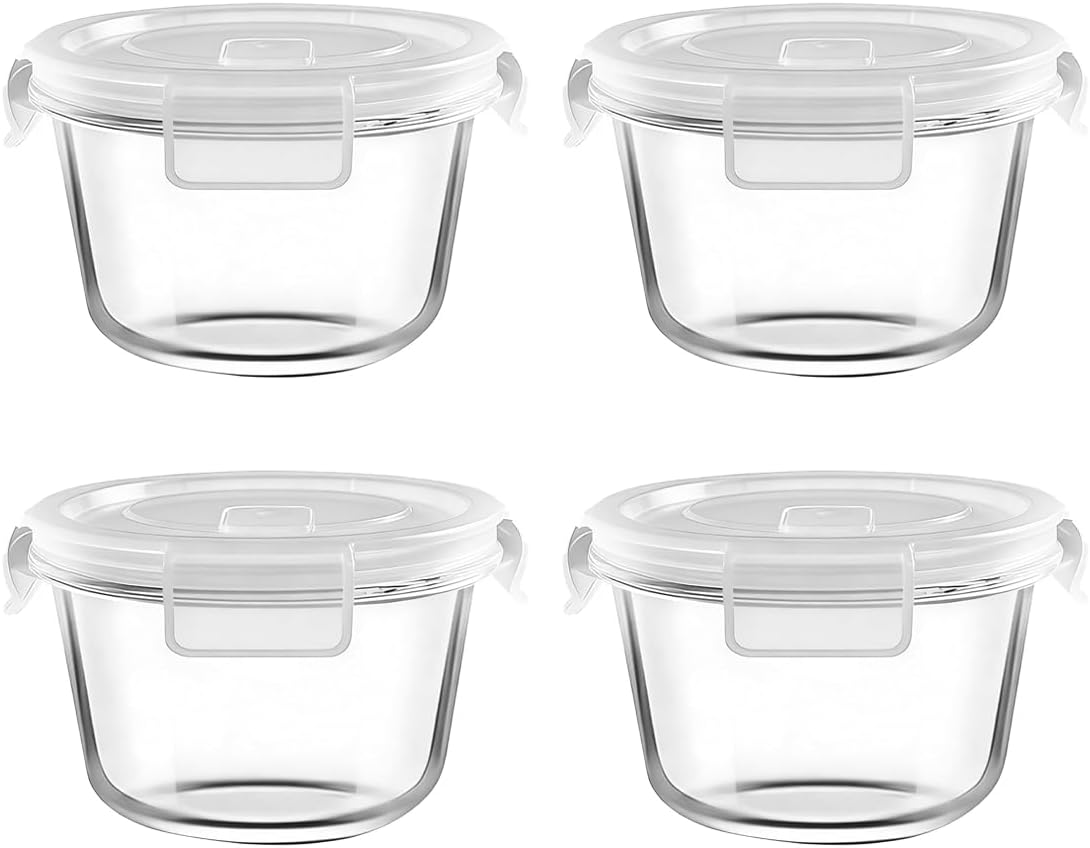 H.JSS WDJS 3Cup Round Glass Food Storage Containers with Airtight lids, 23oz Glass Meal Prep Containers, Heat-Resistant BPA-Free for Soup Leftover, Microwave, Dishwasher and Fridge Safe (white-4Pack)