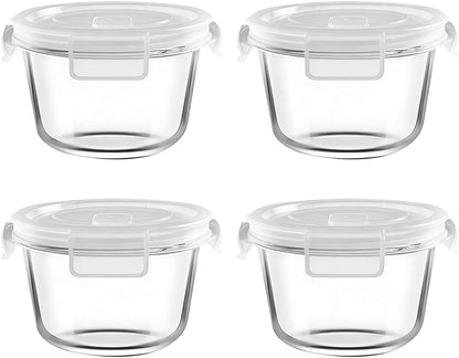 H.JSS WDJS 3Cup Round Glass Food Storage Containers with Airtight lids, 23oz Glass Meal Prep Containers, Heat-Resistant BPA-Free for Soup Leftover, Microwave, Dishwasher and Fridge Safe (white-4Pack)