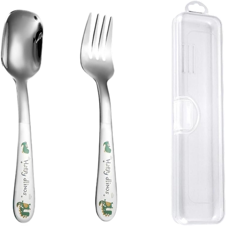 Cute Cartoon Spoon Fork Dinnerware Sets with Case Cute Kawaii Portable Travel Stainless Steel Cutlery Set Kitchen Utensils Tableware (Monsters,16.5x4cm)