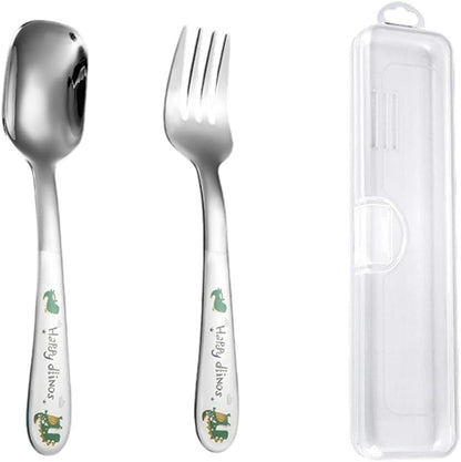 Cute Cartoon Spoon Fork Dinnerware Sets with Case Cute Kawaii Portable Travel Stainless Steel Cutlery Set Kitchen Utensils Tableware (Monsters,16.5x4cm)