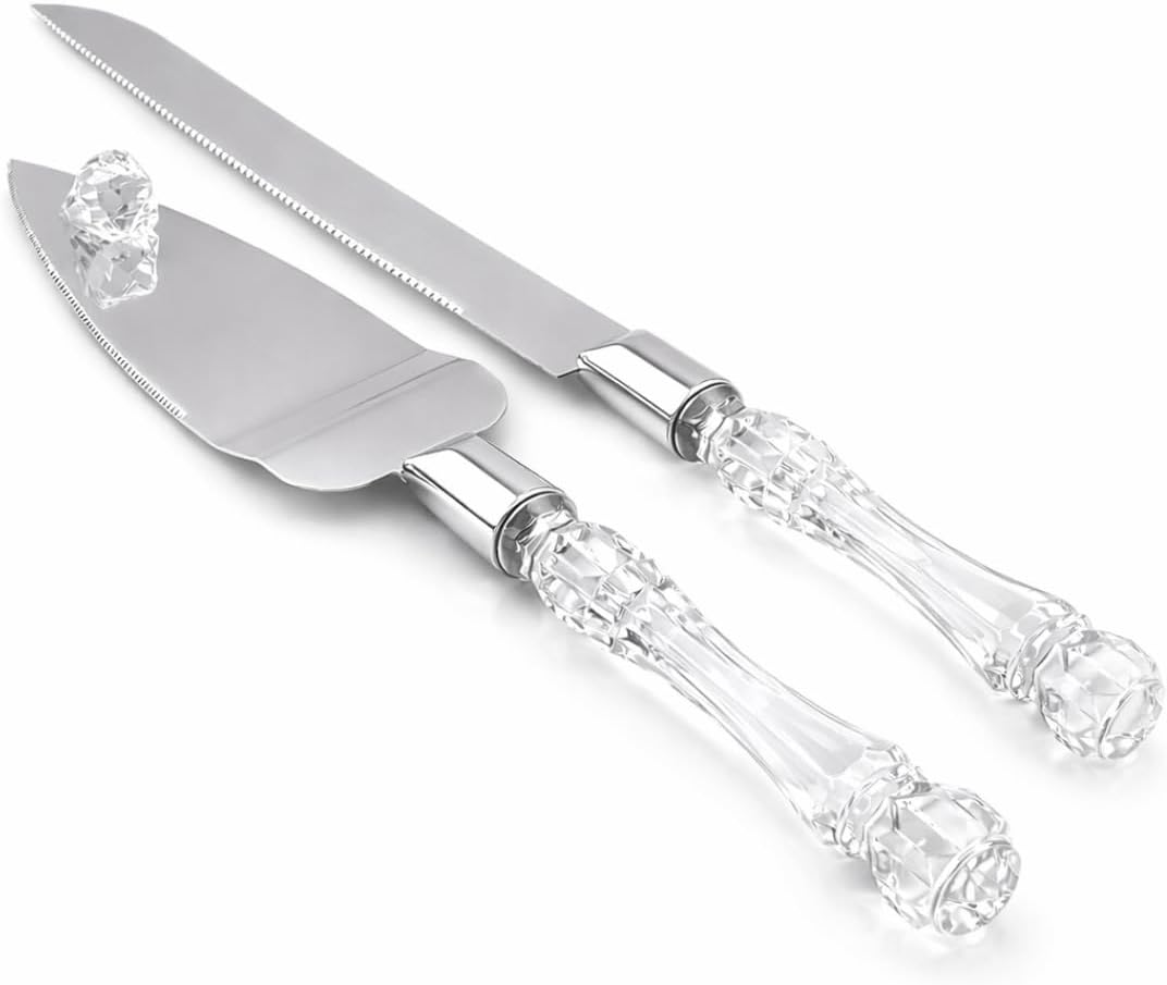 Adorox Elegant Cake Knife and Server Set - Stainless Steel with Crystal Handle - Perfect for Weddings & Anniversaries,and Special Celebrations (Sliver)