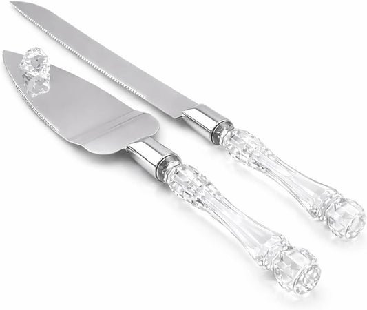 Adorox Elegant Cake Knife and Server Set - Stainless Steel with Crystal Handle - Perfect for Weddings & Anniversaries,and Special Celebrations (Sliver)