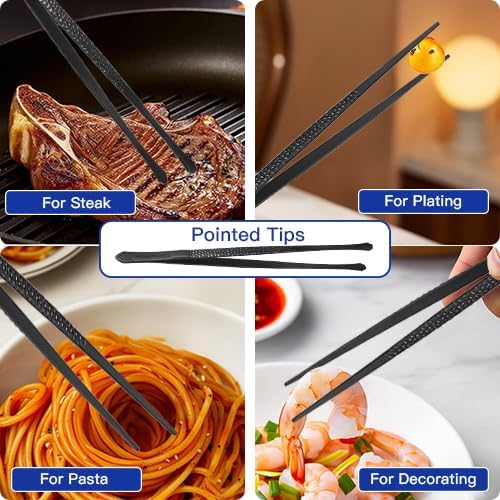 CREATIVECHEF Chef Tweezer Tongs, Professional Kitchen Tweezers, Precision Tweezer Tongs for Cooking, BBQ, Plating, Stainless Steel, Black (2)