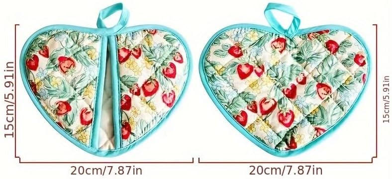 2 Pack Heart-Shaped Pot Holders for Kitchen - 15.01x19.84cm Heat Resistant Oven Pot Holders with Retro Floral Pattern, Hanging Potholders for Kitchens, Kitchen Mitts for Oven & Oven Mitt (Blue)