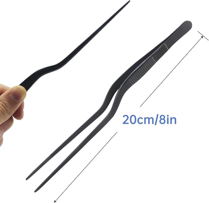 8-Inch Plating Tweezers Culinary Kitchen Tweezer Stainless Steel, Black Offset Tweezers for Cooking Food Design (8-Inch Offset Design)