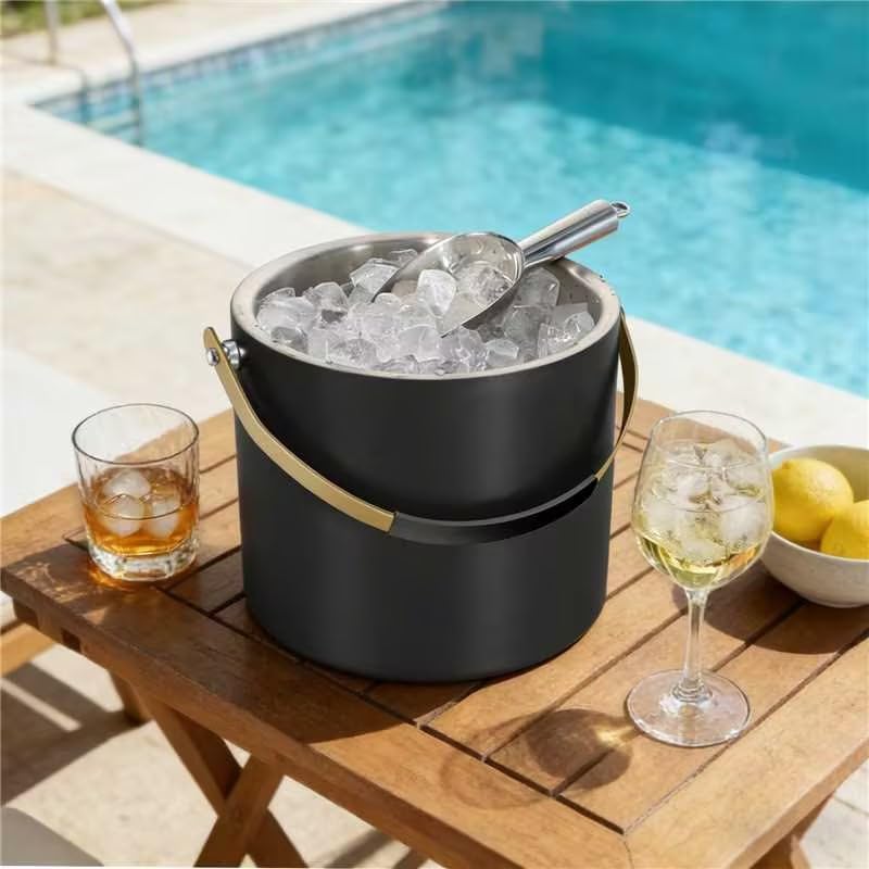 3.2L/3.4QT Modern Insulated Ice Bucket with Silicone Lid, Scoop, Strainer, Double Wall Stainless Steel Ice Bucket for Parties & Cocktail Bar,Ideal for Gift(Black)
