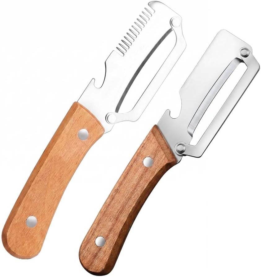 Multi-Functional Vegetable Peeler with Julienne Slicer & Bottle Opener, Stainless Steel Blade & Wooden Handle, Ergonomic Kitchen Tool for Peeling, Slicing & Shredding Fruits & Veggies (Style-A, 1PC)